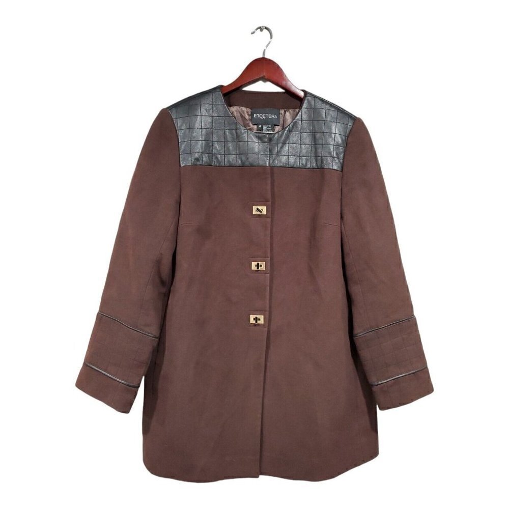 Etcetera Women's Brown Cotton Black Leather Trim Jacket Turnlock Closure Size 14
